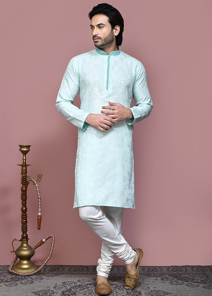 2 Pc Sea Green Silk Kurta Pajama Set