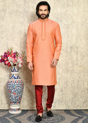 2 Pc Rust Silk Kurta Pajama Set