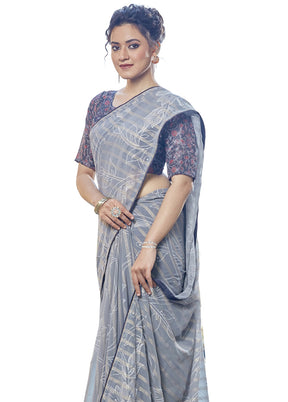Grey Georgette Saree With Blouse Piece - Indian Silk House Agencies