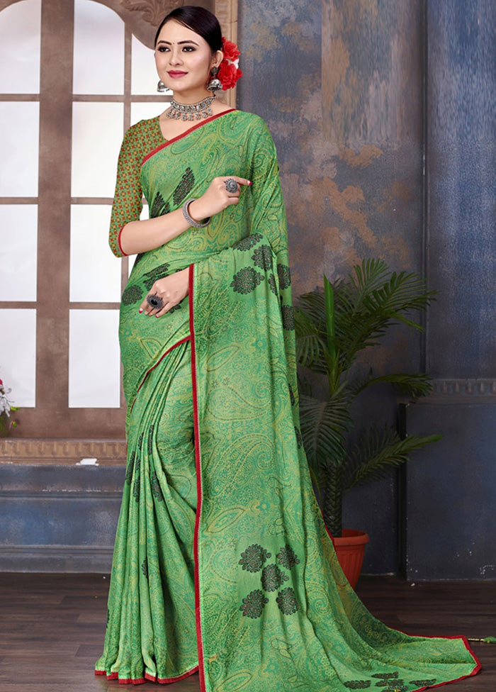 Green Chiffon Saree With Blouse Piece - Indian Silk House Agencies