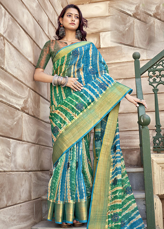 Turquoise Organza Embroidered Saree With Blouse Piece - Indian Silk House Agencies