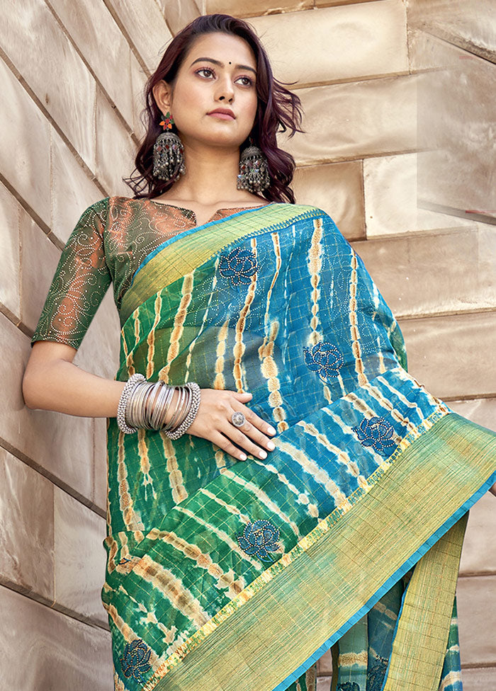 Turquoise Organza Embroidered Saree With Blouse Piece - Indian Silk House Agencies