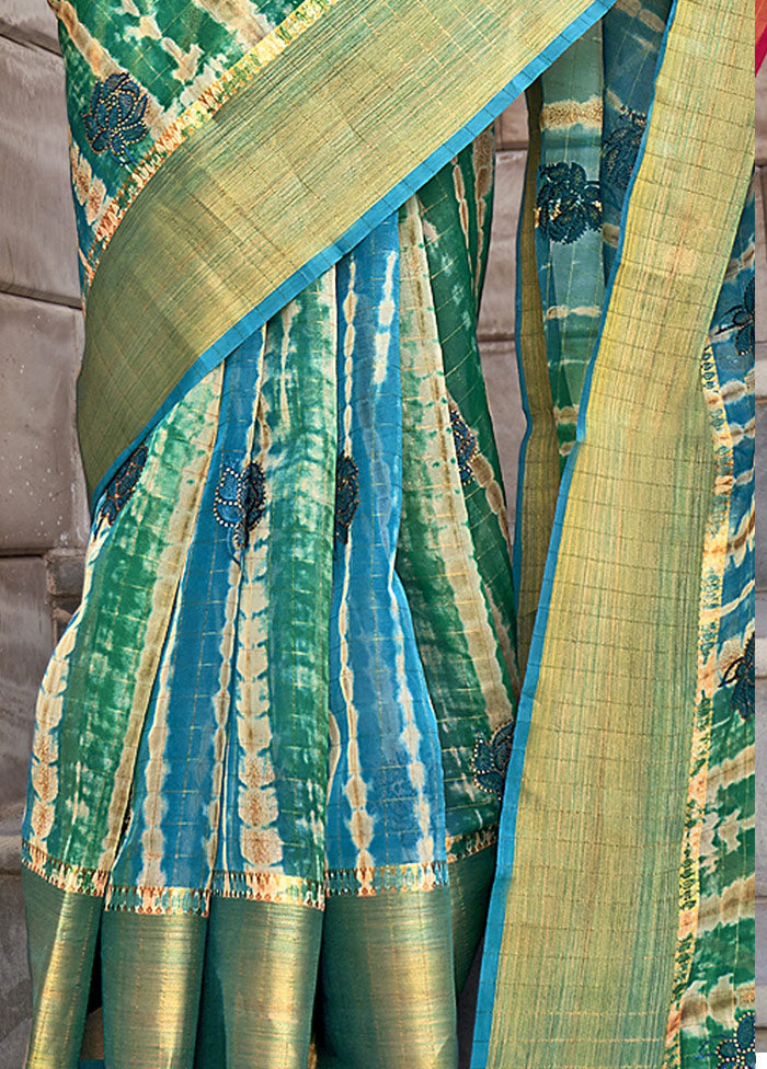 Turquoise Organza Embroidered Saree With Blouse Piece - Indian Silk House Agencies