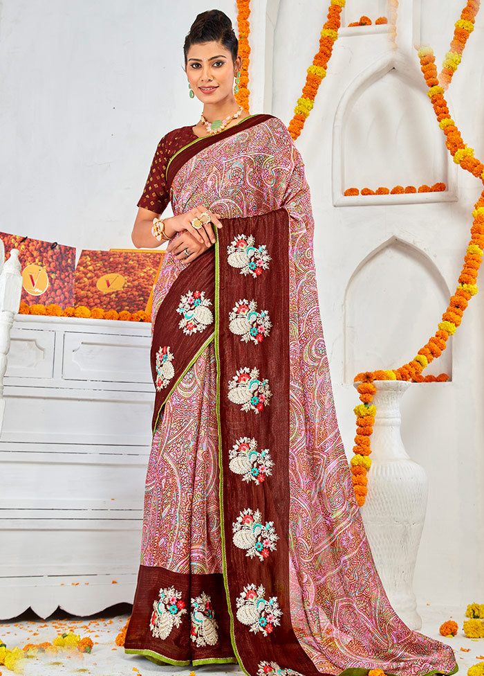 Pink Spun Silk Embroidered Saree With Blouse Piece - Indian Silk House Agencies