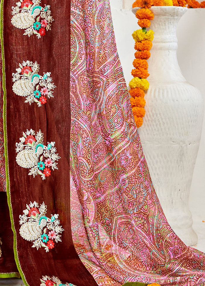 Pink Spun Silk Embroidered Saree With Blouse Piece - Indian Silk House Agencies