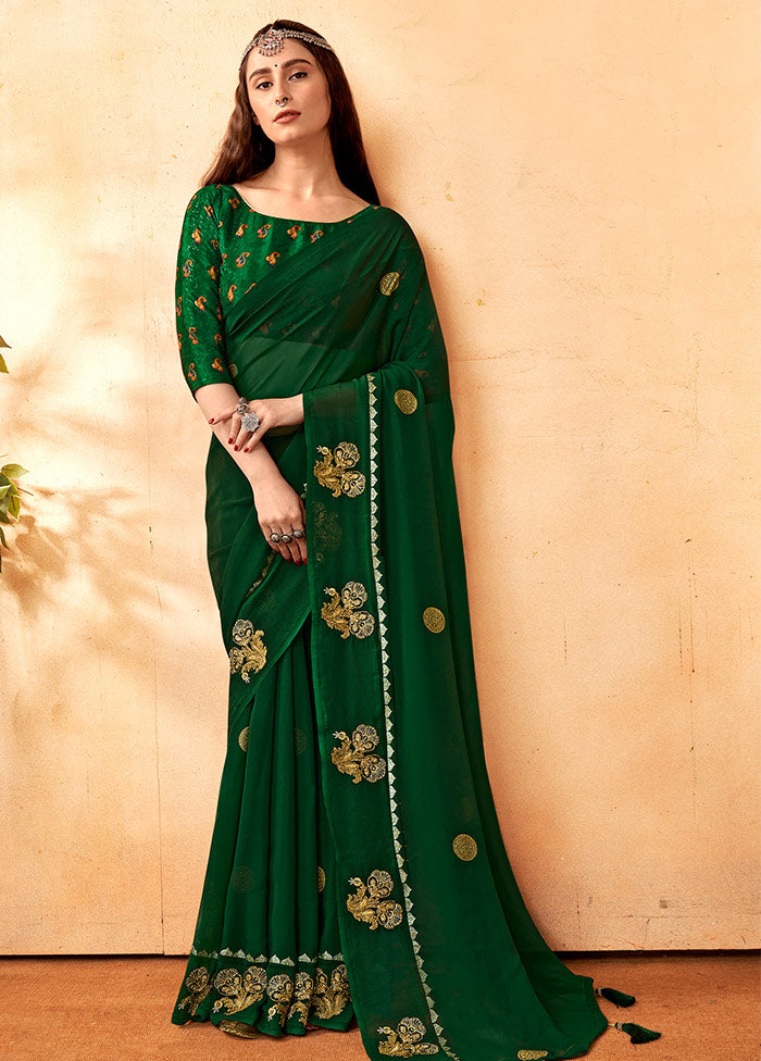 Dark Green Georgette Embellished Saree With Blouse Piece - Indian Silk House Agencies