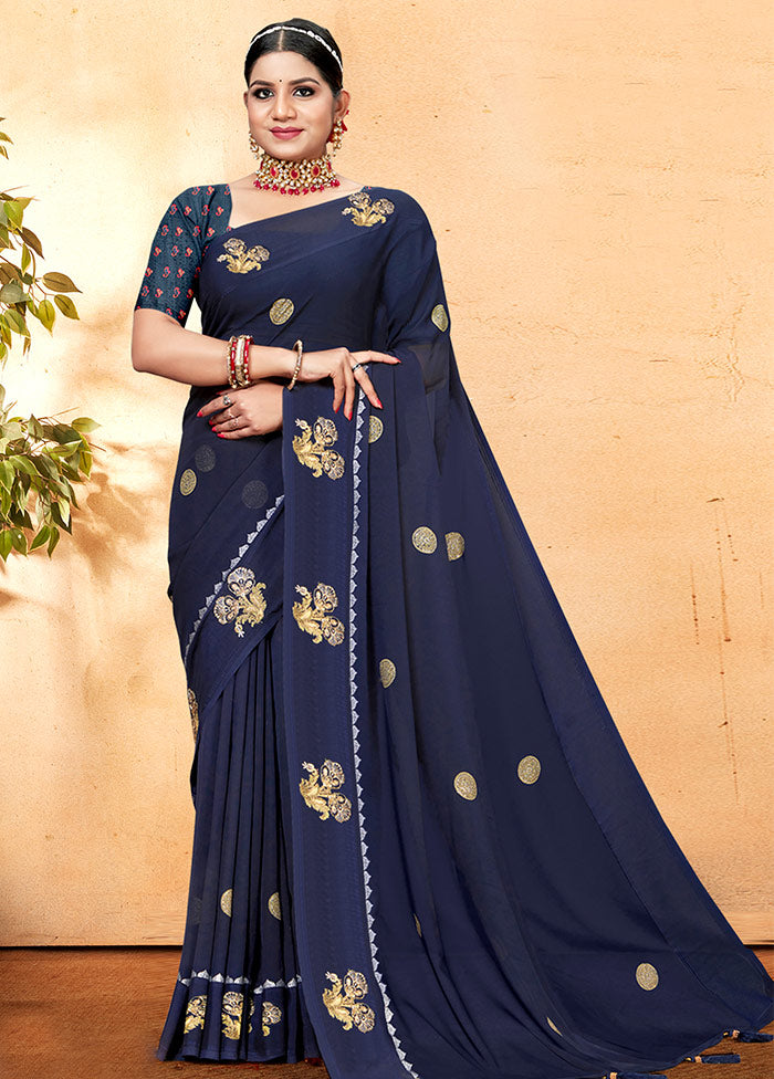 Dark Blue Georgette Embellished Saree With Blouse Piece - Indian Silk House Agencies