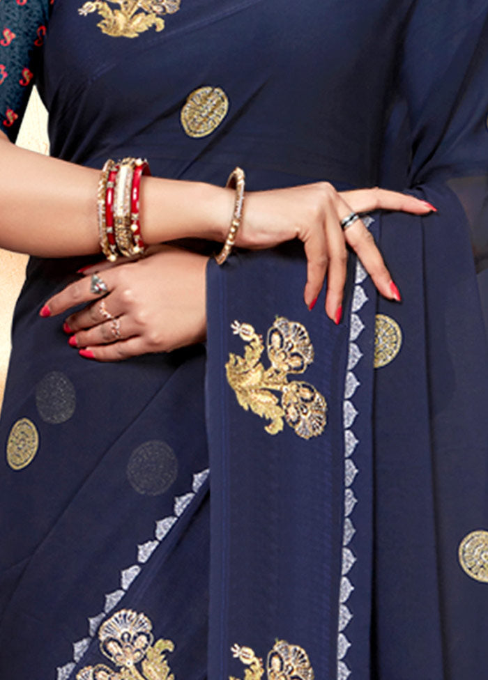 Dark Blue Georgette Embellished Saree With Blouse Piece - Indian Silk House Agencies