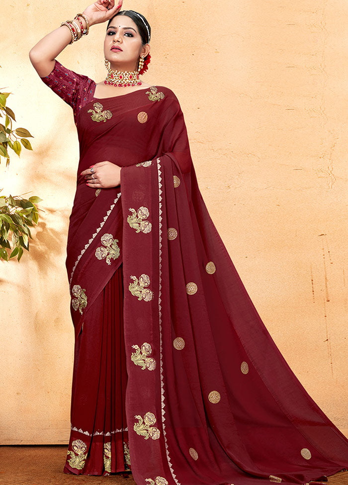Dark Red Georgette Embellished Saree With Blouse Piece - Indian Silk House Agencies