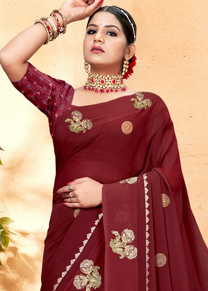 Dark Red Georgette Embellished Saree With Blouse Piece - Indian Silk House Agencies