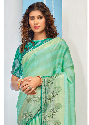 Sea Green Chiffon Silk Printed Saree With Blouse Piece - Indian Silk House Agencies