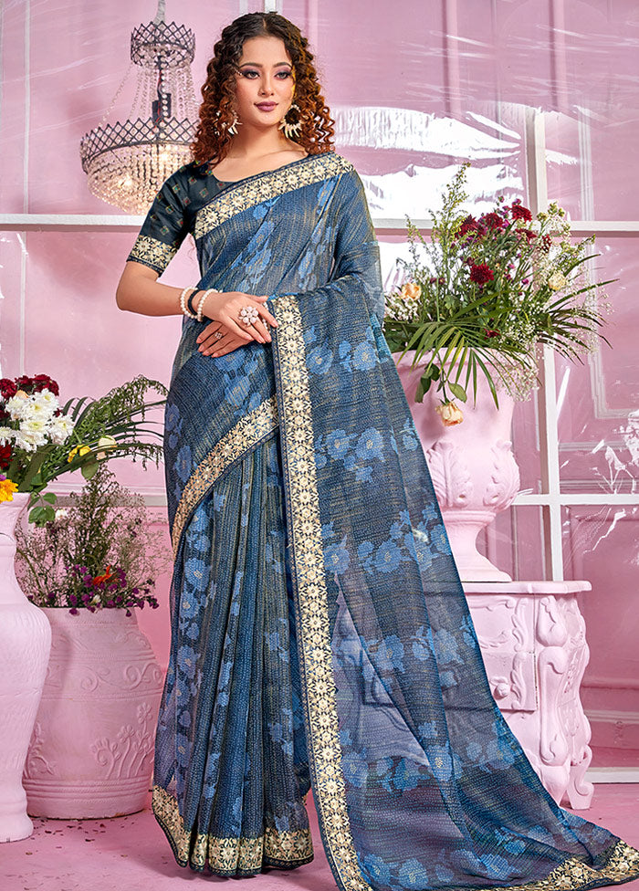 Indigo Organza Zari Woven Saree With Blouse Piece - Indian Silk House Agencies