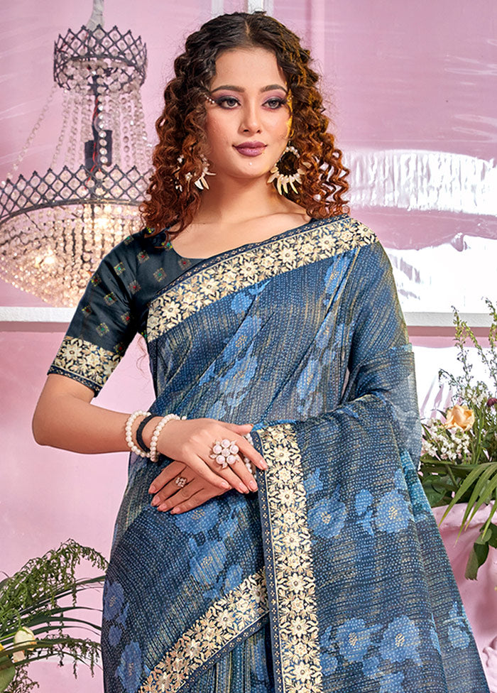 Indigo Organza Zari Woven Saree With Blouse Piece - Indian Silk House Agencies