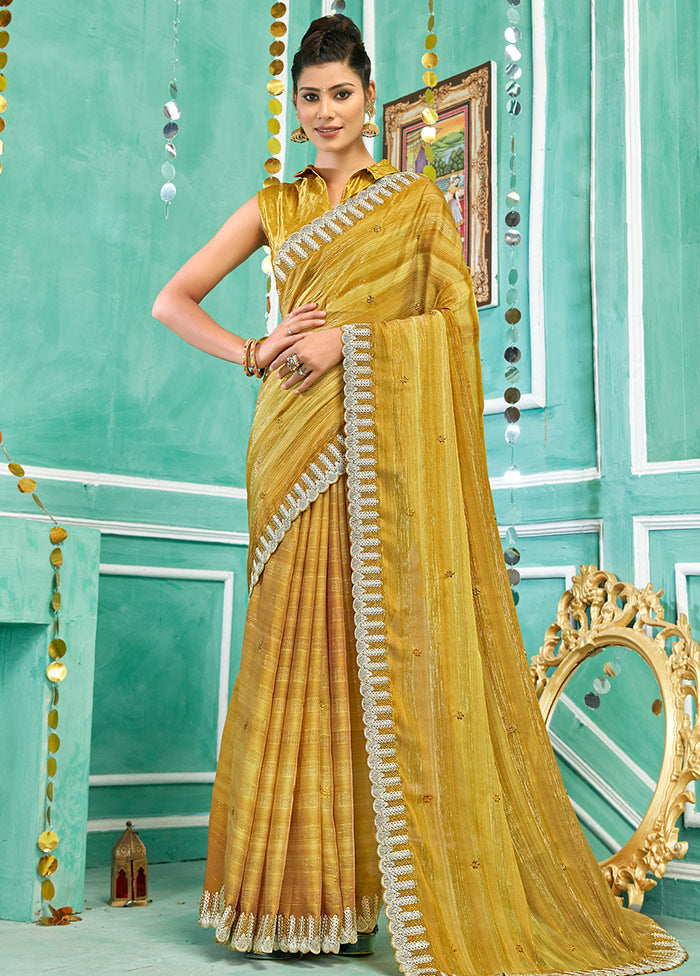 Golden Chiffon Silk Embroidered Saree With Blouse Piece - Indian Silk House Agencies