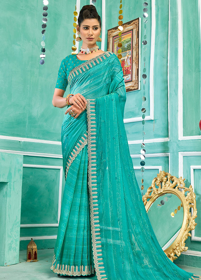 Turquoise Chiffon Silk Embroidered Saree With Blouse Piece - Indian Silk House Agencies