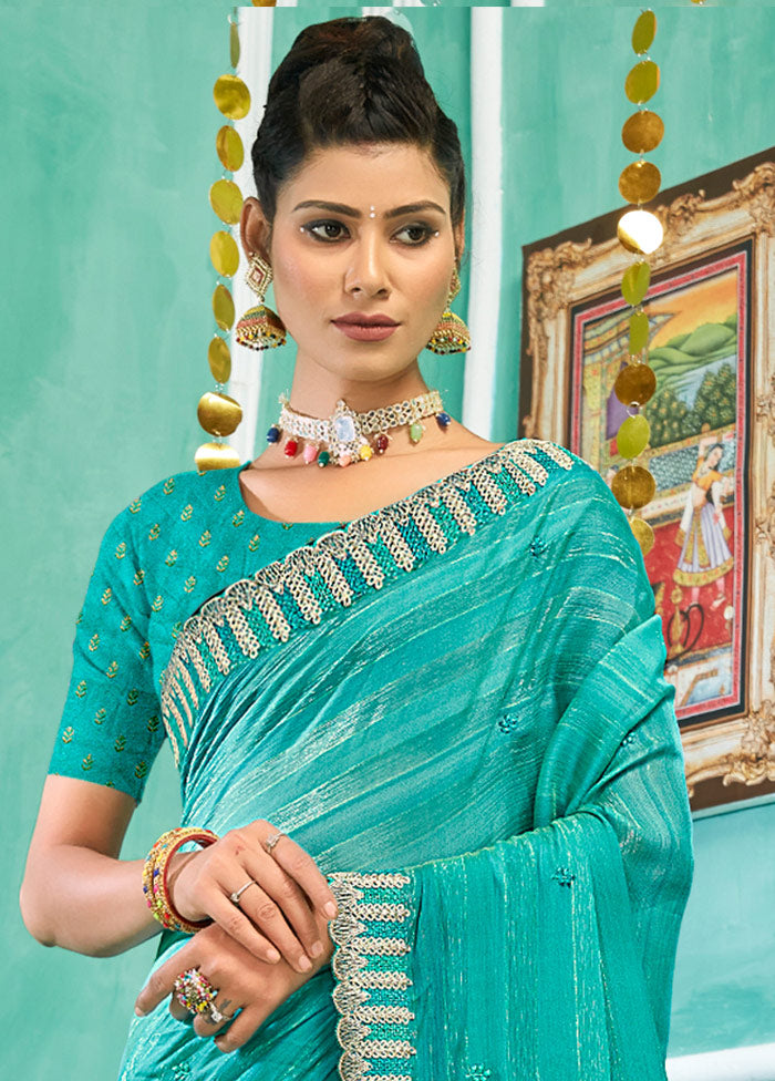 Turquoise Chiffon Silk Embroidered Saree With Blouse Piece - Indian Silk House Agencies