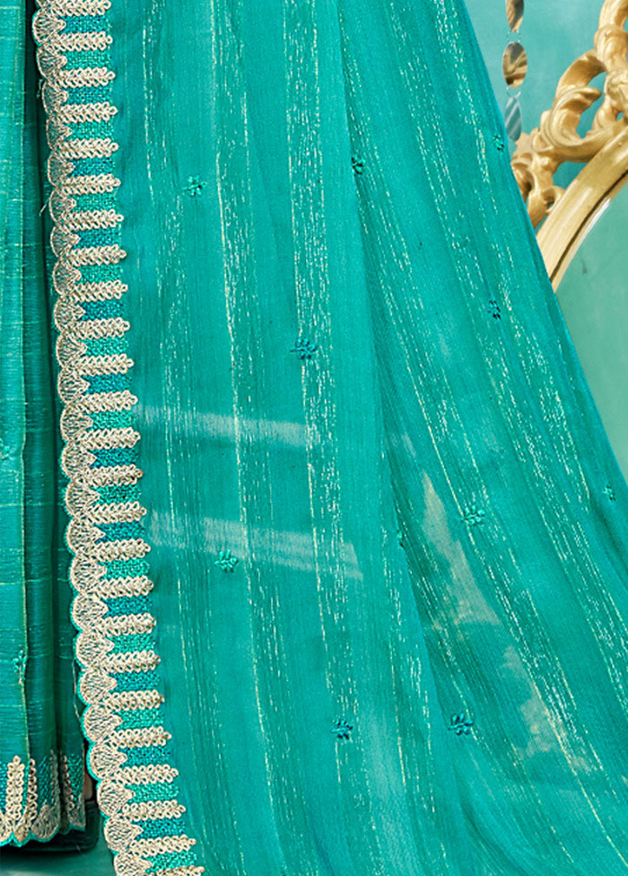 Turquoise Chiffon Silk Embroidered Saree With Blouse Piece - Indian Silk House Agencies