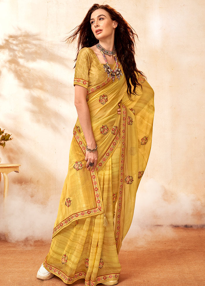 Yellow Georgette Embroidered Saree With Blouse Piece - Indian Silk House Agencies