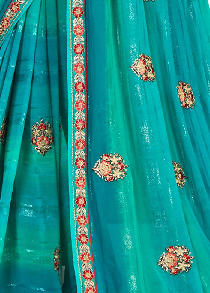 Turquoise Blue Georgette Embroidered Saree With Blouse Piece - Indian Silk House Agencies