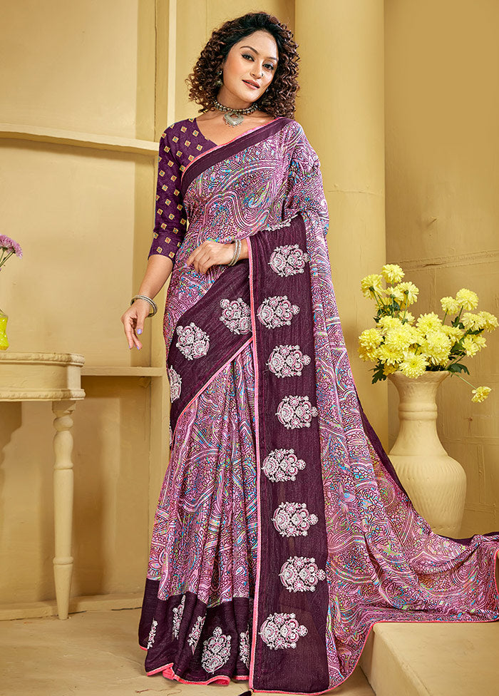 Wine Chiffon Silk Embroidered Saree With Blouse Piece - Indian Silk House Agencies