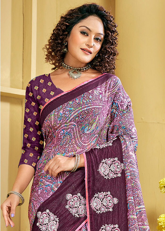 Wine Chiffon Silk Embroidered Saree With Blouse Piece - Indian Silk House Agencies