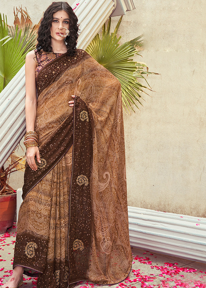 Brown Georgette Foil Emblished Saree With Blouse Piece - Indian Silk House Agencies
