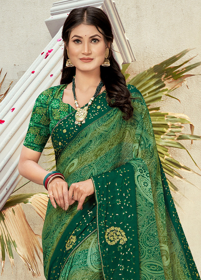Green Georgette Foil Emblished Saree With Blouse Piece - Indian Silk House Agencies