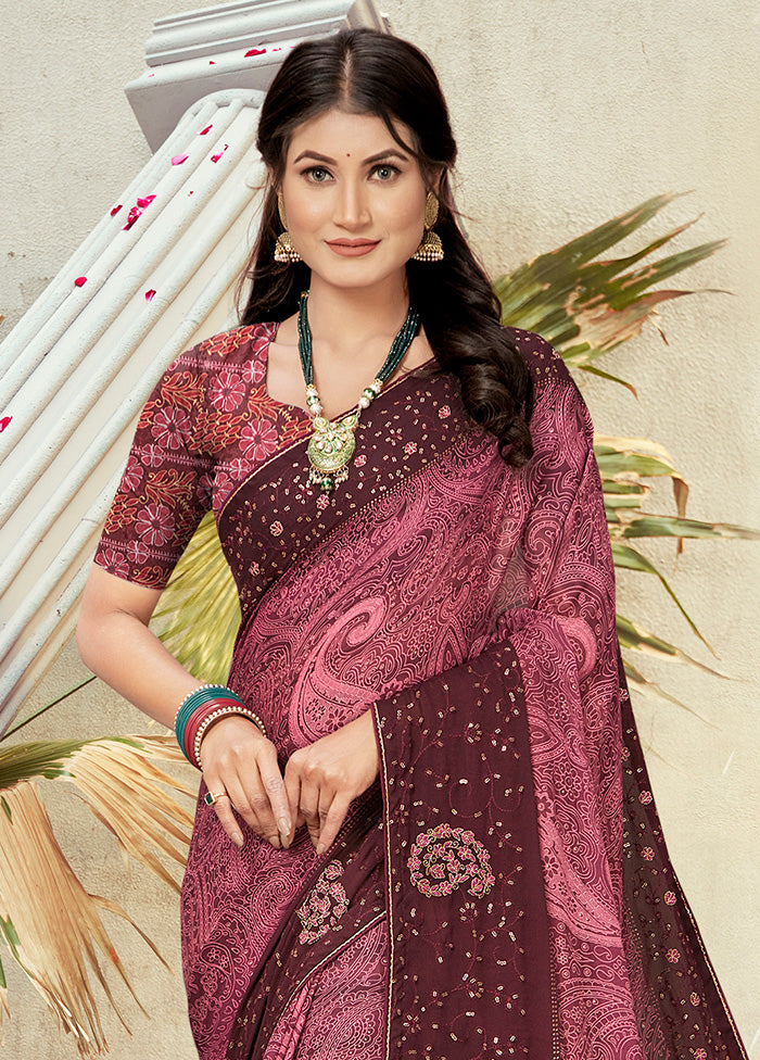 Pink Georgette Foil Emblished Saree With Blouse Piece - Indian Silk House Agencies