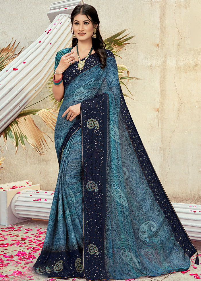 Blue Georgette Foil Emblished Saree With Blouse Piece - Indian Silk House Agencies