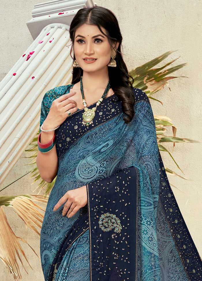 Blue Georgette Foil Emblished Saree With Blouse Piece - Indian Silk House Agencies