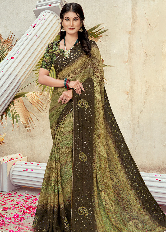 Mehendi Georgette Foil Emblished Saree With Blouse Piece - Indian Silk House Agencies