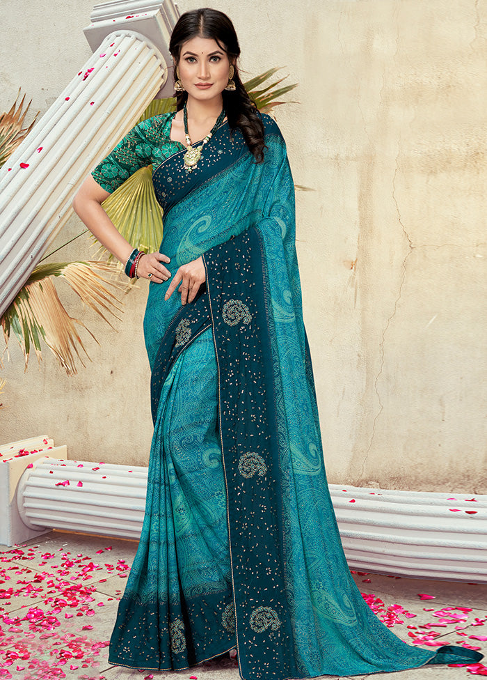 Teal Georgette Foil Emblished Saree With Blouse Piece - Indian Silk House Agencies