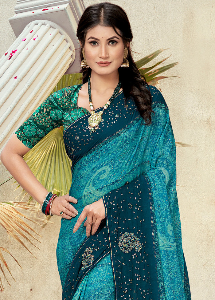 Teal Georgette Foil Emblished Saree With Blouse Piece - Indian Silk House Agencies
