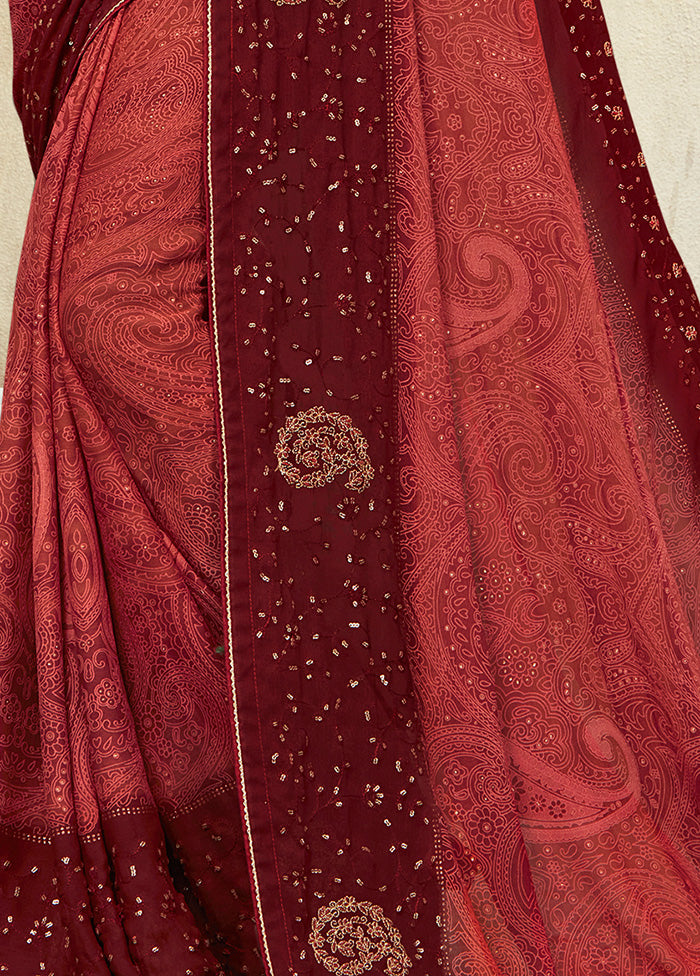 Red Georgette Foil Emblished Saree With Blouse Piece - Indian Silk House Agencies