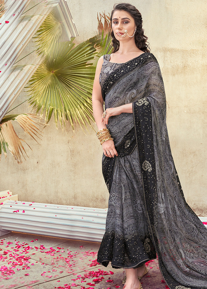 Grey Georgette Foil Emblished Saree With Blouse Piece - Indian Silk House Agencies