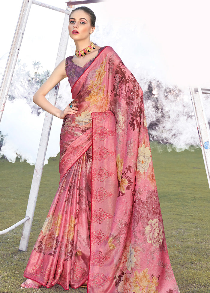 Pink Chiffon Silk Embroidered Saree With Blouse Piece - Indian Silk House Agencies