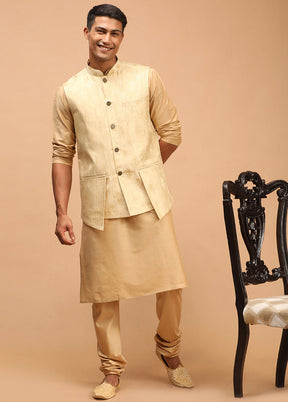 3 Pc Golden Viscose Kurta Pajama Jacket Set VDVAS15062274 - Indian Silk House Agencies