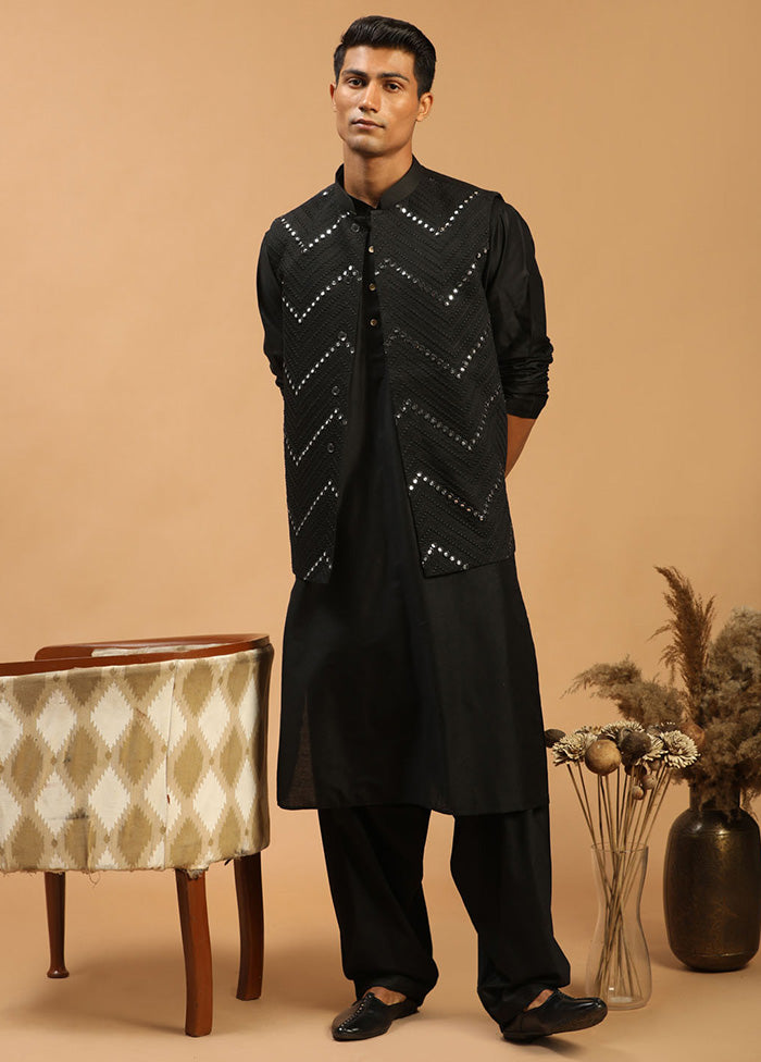 3 Pc Black Viscose Kurta Pajama Jacket Set VDVAS15062282 - Indian Silk House Agencies