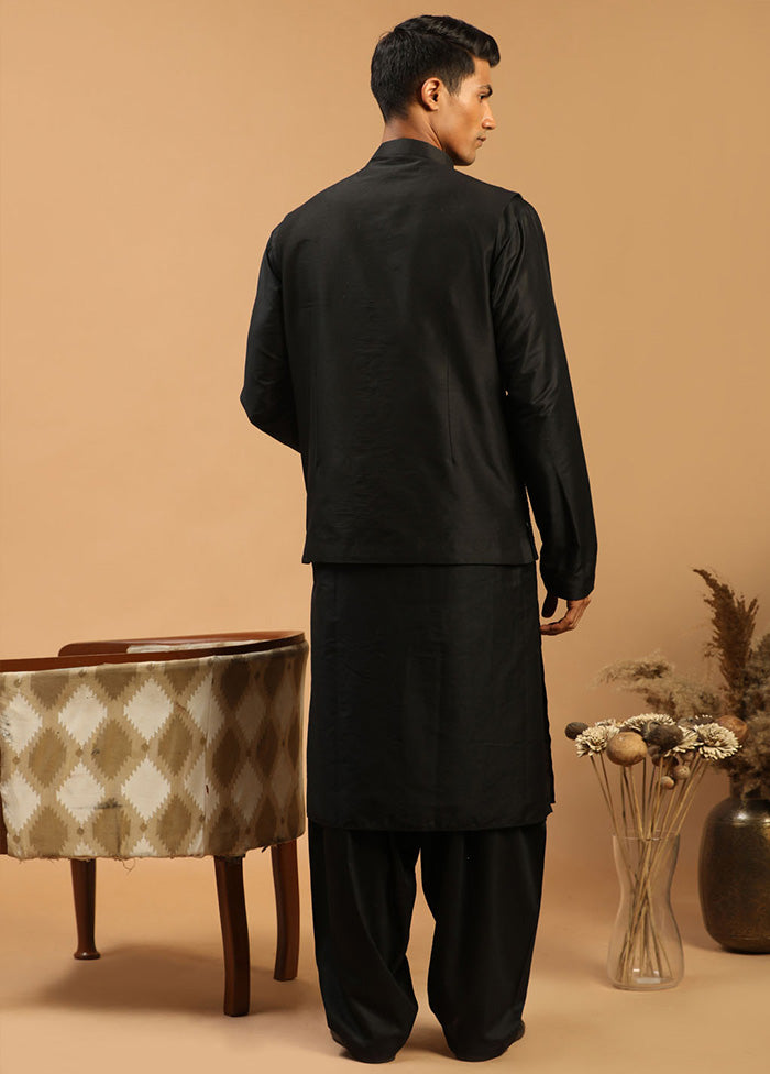 3 Pc Black Viscose Kurta Pajama Jacket Set VDVAS15062282 - Indian Silk House Agencies
