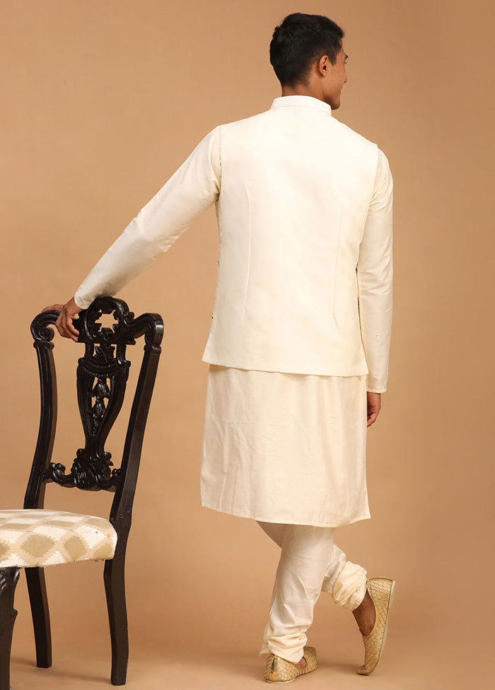 3 Pc Cream Viscose Kurta Pajama Jacket Set VDVAS15062271 - Indian Silk House Agencies