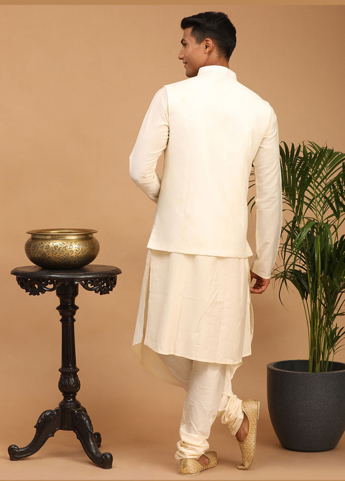 3 Pc Cream Viscose Kurta Pajama Jacket Set VDVAS15062289 - Indian Silk House Agencies