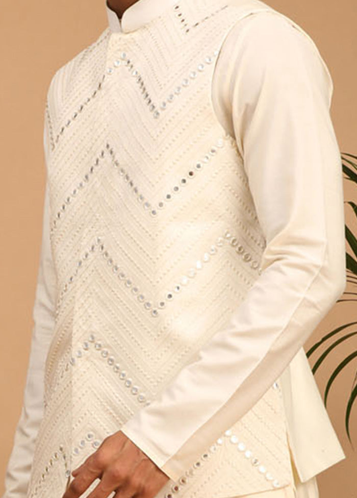 3 Pc Cream Viscose Kurta Pajama Jacket Set VDVAS15062289 - Indian Silk House Agencies