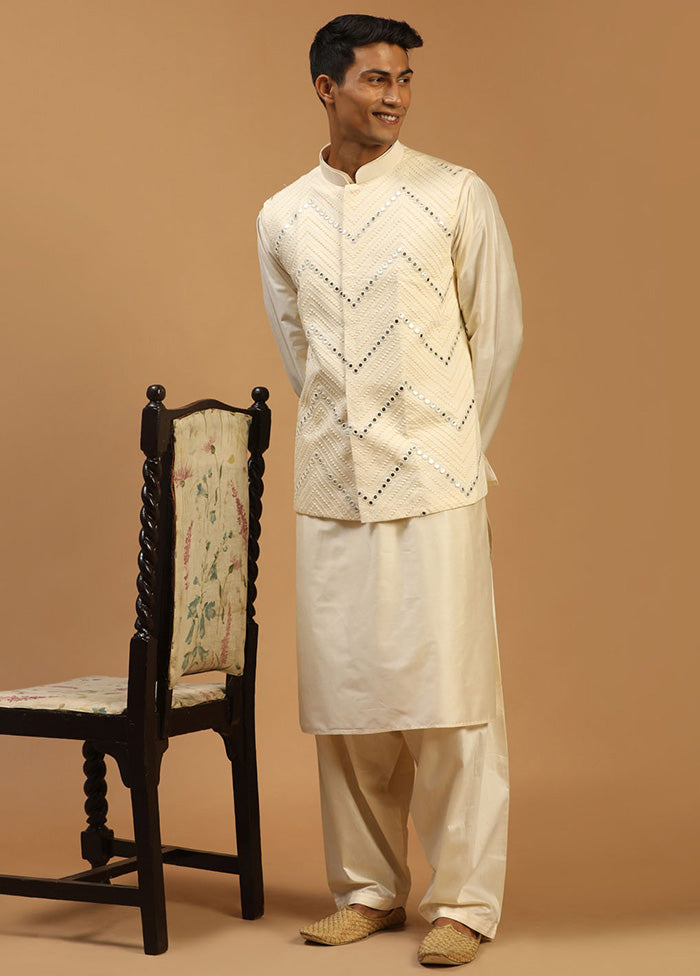 3 Pc Cream Viscose Kurta Pajama Jacket Set VDVAS15062283 - Indian Silk House Agencies