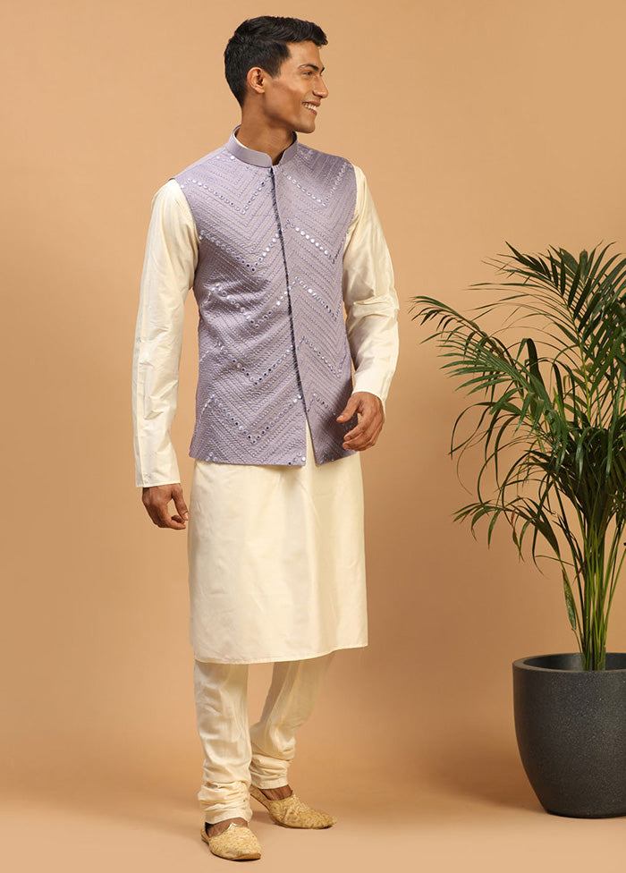 3 Pc Cream Viscose Kurta Pajama Jacket Set VDVAS15062270 - Indian Silk House Agencies