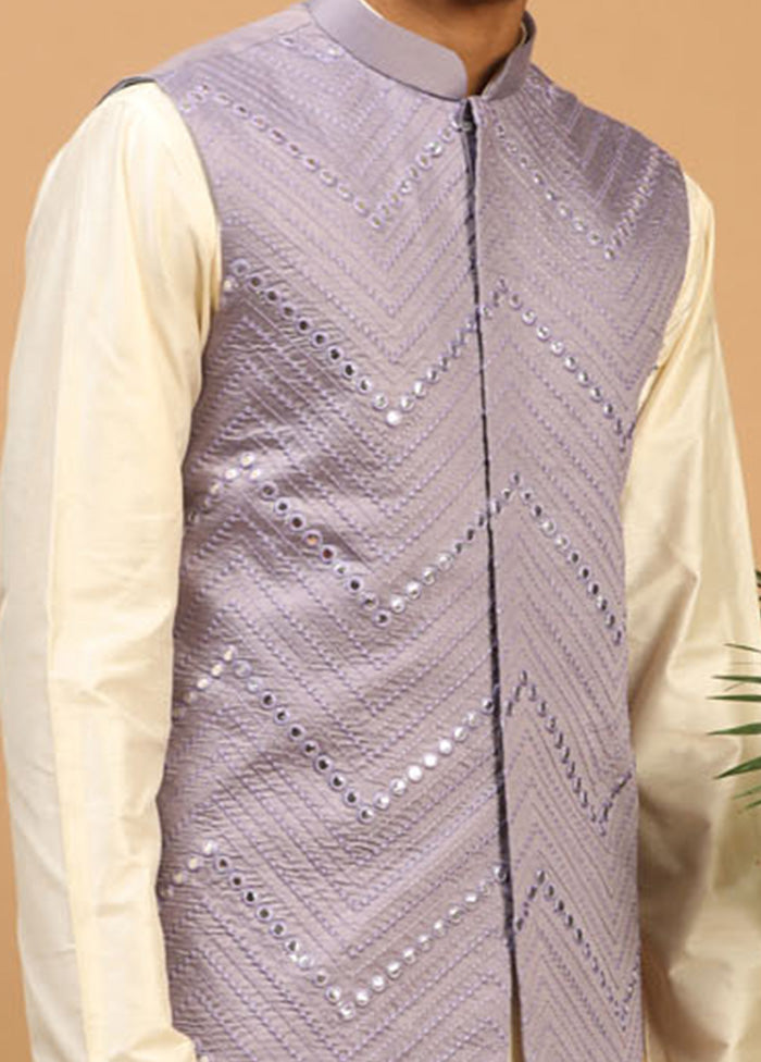 3 Pc Cream Viscose Kurta Pajama Jacket Set VDVAS15062270 - Indian Silk House Agencies