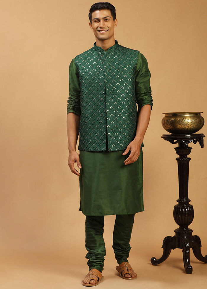 3 Pc Green Silk Kurta Pajama Jacket Set