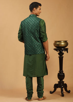 3 Pc Green Silk Kurta Pajama Jacket Set