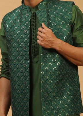 3 Pc Green Silk Kurta Pajama Jacket Set