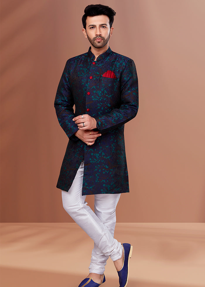 2 Pc Navy Blue Dupion Silk Kurta Pajama Set - Indian Silk House Agencies