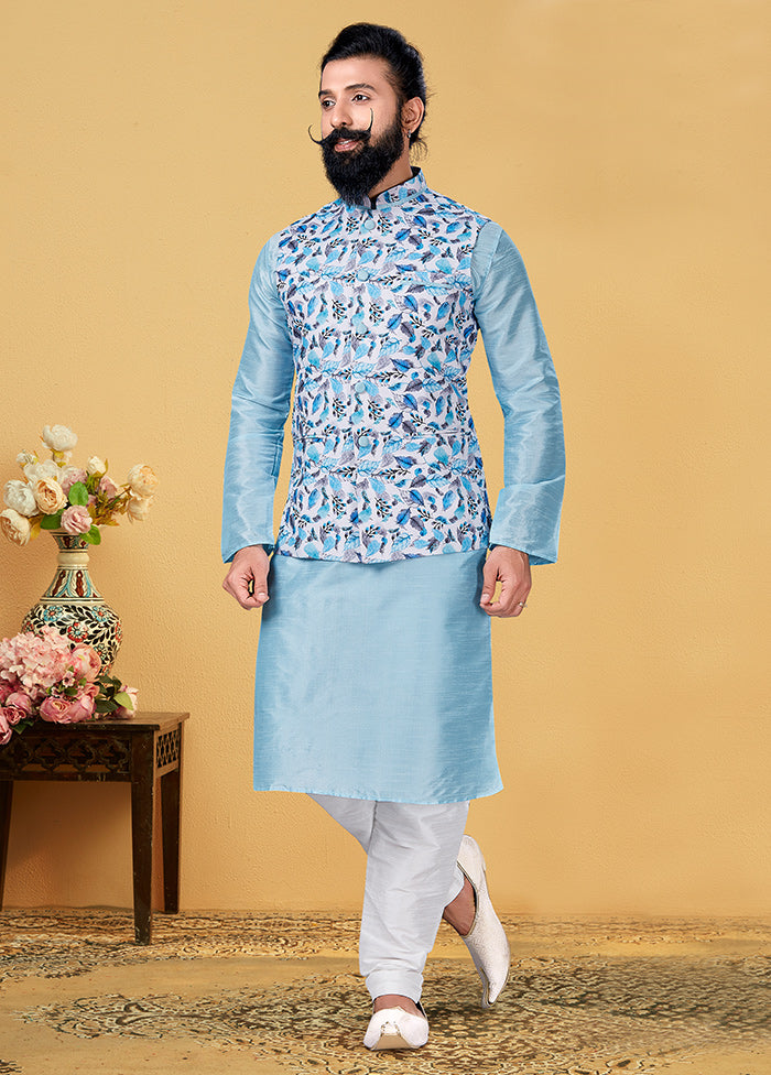 3 Pc Green Mandarin Collar Dupion Silk Ethnic Wear Set - Indian Silk House Agencies